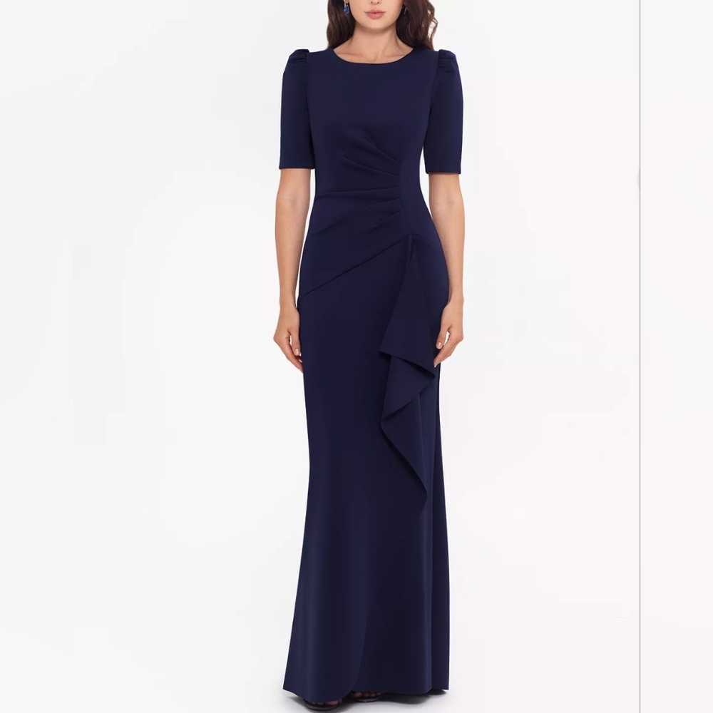 Xscape Women's Navy Blue Formal Evening Scuba Dress Side Ruching-Size 12